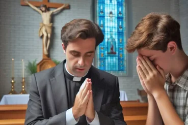 Jovem a confessar-se ao padre